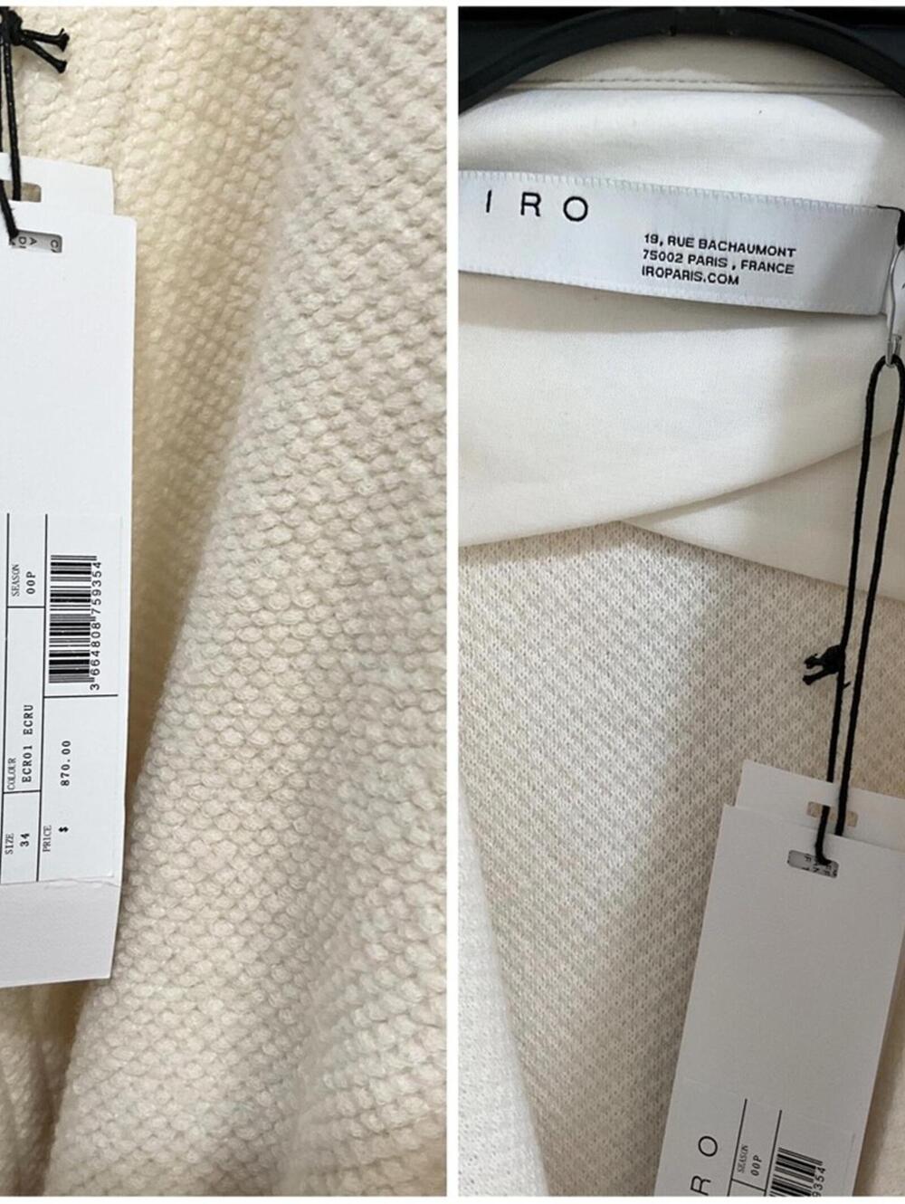 NWT IRO PARIS Euro SZ 34/ XS Belted Jacket Leather-Trim Bouclé-Knit Wool Cream - Picture 12 of 14